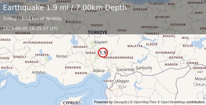 Earthquake CENTRAL TURKEY (1.9 ml) (2025-08-05 16:25:57 UTC)