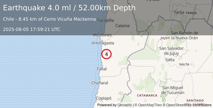 Earthquake ANTOFAGASTA, CHILE (4.0 ml) (2025-08-05 17:59:19 UTC)