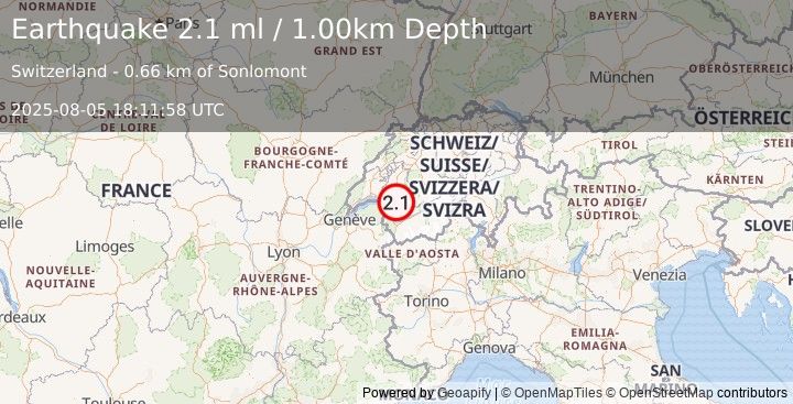 Earthquake SWITZERLAND (2.1 ml) (2025-08-05 18:11:58 UTC)
