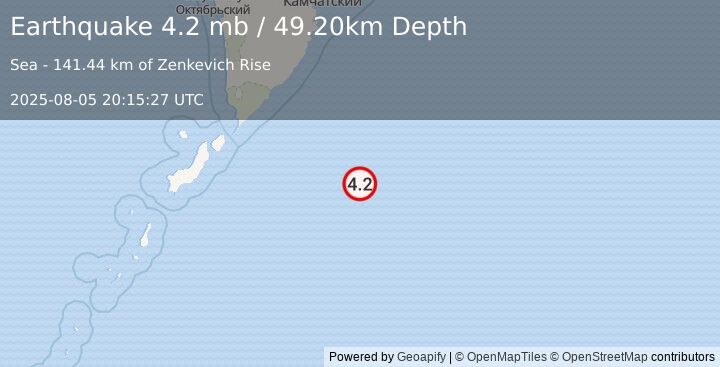 Earthquake EAST OF KURIL ISLANDS (4.2 mb) (2025-08-05 20:15:27 UTC)