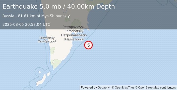 Earthquake OFF EAST COAST OF KAMCHATKA (4.9 mb) (2025-08-05 20:57:00 UTC)