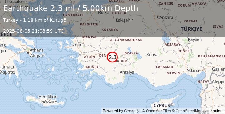 Earthquake WESTERN TURKEY (2.3 ml) (2025-08-05 21:08:59 UTC)