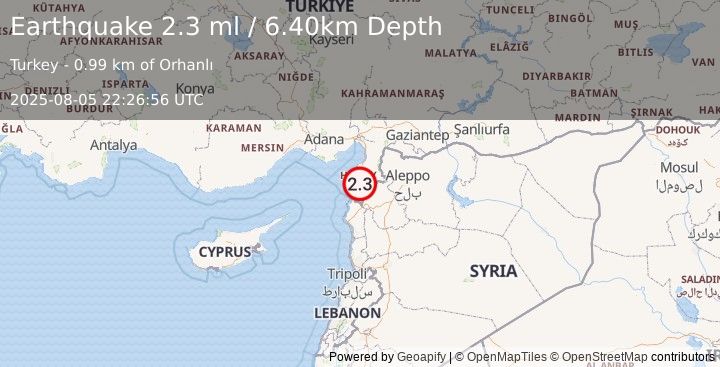 Earthquake TURKEY-SYRIA BORDER REGION (2.3 ml) (2025-08-05 22:26:56 UTC)