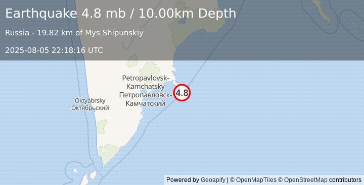 Earthquake OFF EAST COAST OF KAMCHATKA (4.8 mb) (2025-08-05 22:18:16 UTC)