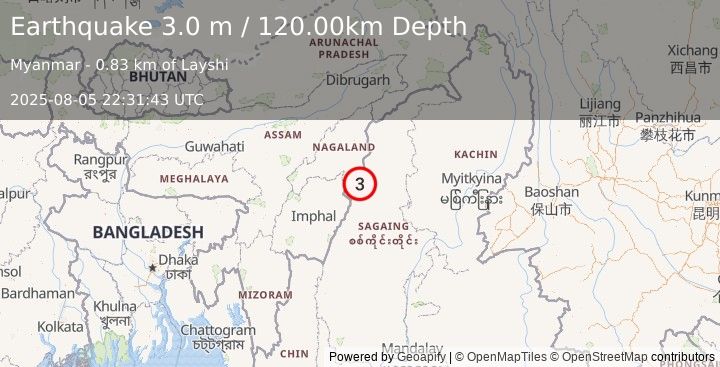 Earthquake MYANMAR-INDIA BORDER REGION (3.0 m) (2025-08-05 22:31:43 UTC)
