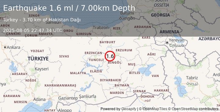 Earthquake EASTERN TURKEY (1.6 ml) (2025-08-05 22:47:34 UTC)