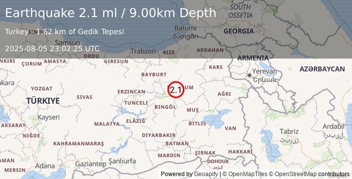 Earthquake EASTERN TURKEY (2.1 ml) (2025-08-05 23:02:25 UTC)