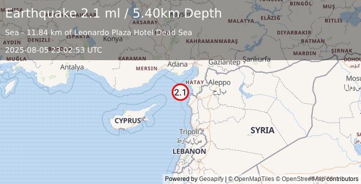 Earthquake NEAR THE COAST OF SYRIA (2.1 ml) (2025-08-05 23:02:54 UTC)