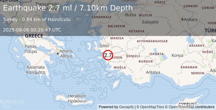 Earthquake WESTERN TURKEY (2.7 ml) (2025-08-06 00:20:47 UTC)