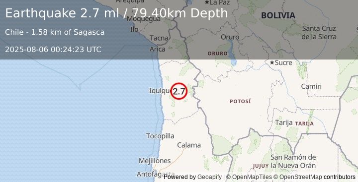 Earthquake TARAPACA, CHILE (2.7 ml) (2025-08-06 00:24:23 UTC)
