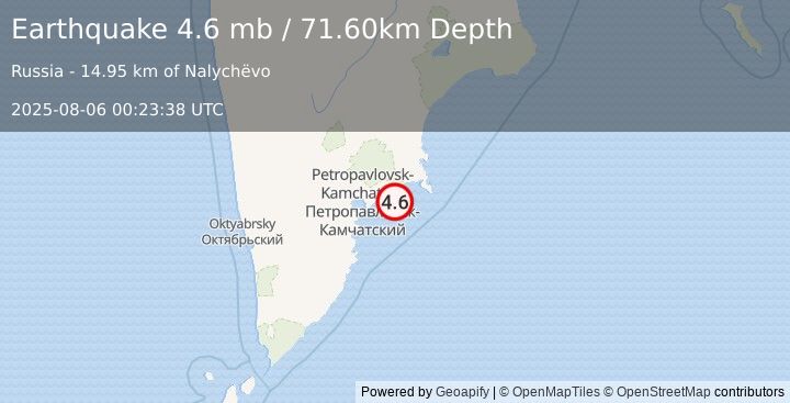 Earthquake NEAR EAST COAST OF KAMCHATKA (4.6 mb) (2025-08-06 00:23:38 UTC)
