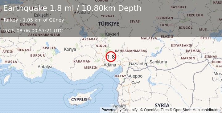 Earthquake CENTRAL TURKEY (1.8 ml) (2025-08-06 00:57:21 UTC)