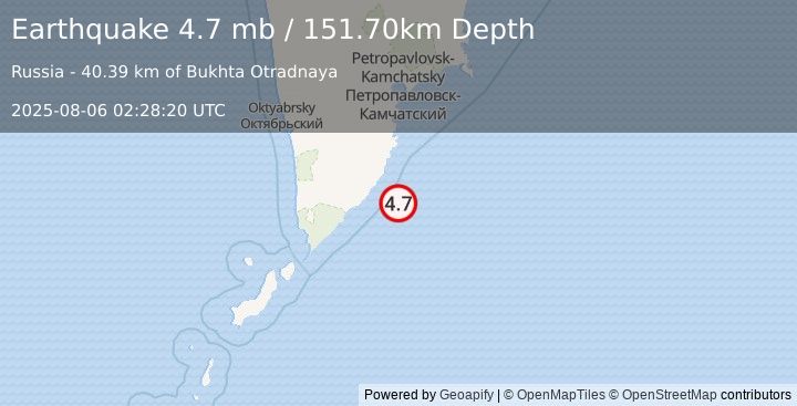 Earthquake NEAR EAST COAST OF KAMCHATKA (4.7 mb) (2025-08-06 02:28:20 UTC)