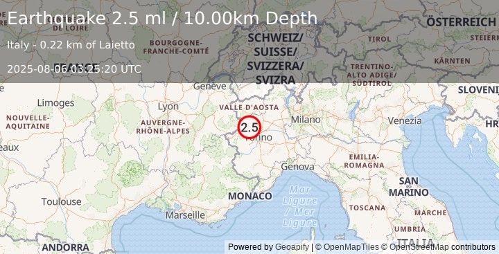 Earthquake NORTHERN ITALY (2.4 ml) (2025-08-06 03:25:18 UTC)