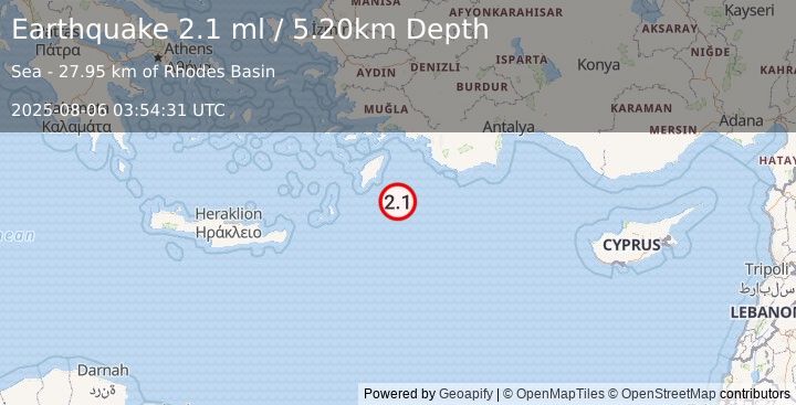 Earthquake EASTERN MEDITERRANEAN SEA (2.2 ml) (2025-08-06 03:54:34 UTC)
