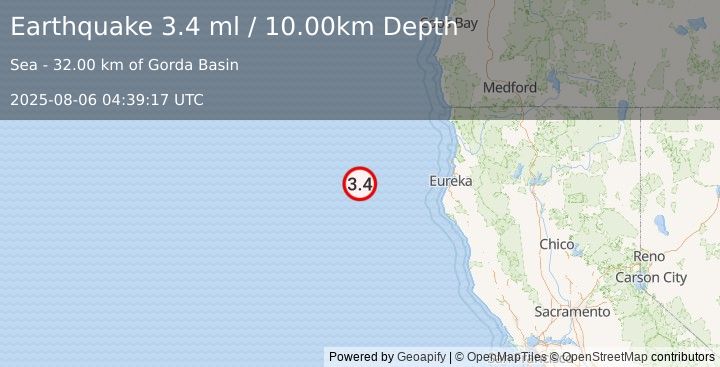 Earthquake OFF COAST OF NORTHERN CALIFORNIA (3.4 ml) (2025-08-06 04:39:17 UTC)