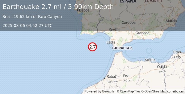 Earthquake STRAIT OF GIBRALTAR (2.7 ml) (2025-08-06 04:52:27 UTC)