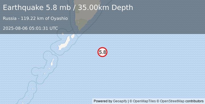 Earthquake EAST OF KURIL ISLANDS (5.2 mw) (2025-08-06 05:01:27 UTC)
