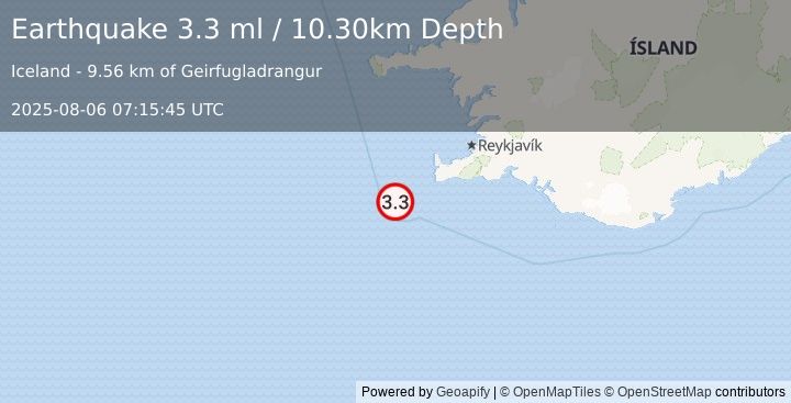 Earthquake ICELAND REGION (3.3 ml) (2025-08-06 07:15:45 UTC)