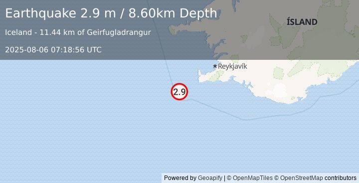 Earthquake ICELAND REGION (2.9 m) (2025-08-06 07:18:56 UTC)