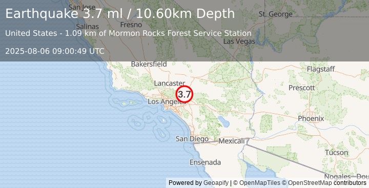 Earthquake SOUTHERN CALIFORNIA (3.7 ml) (2025-08-06 09:00:49 UTC)