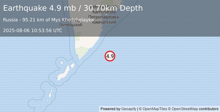Earthquake OFF EAST COAST OF KAMCHATKA (4.9 mb) (2025-08-06 10:53:56 UTC)