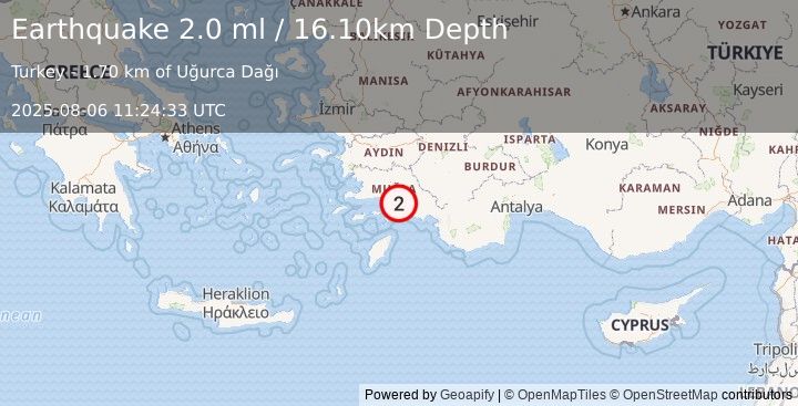 Earthquake DODECANESE IS.-TURKEY BORDER REG (1.9 ml) (2025-08-06 11:24:34 UTC)