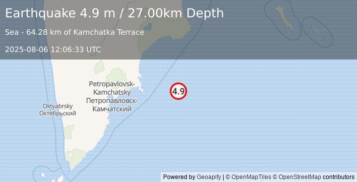 Earthquake OFF EAST COAST OF KAMCHATKA (4.9 m) (2025-08-06 12:06:33 UTC)