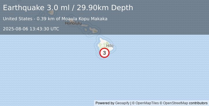 Earthquake ISLAND OF HAWAII, HAWAII (3.0 ml) (2025-08-06 13:43:30 UTC)
