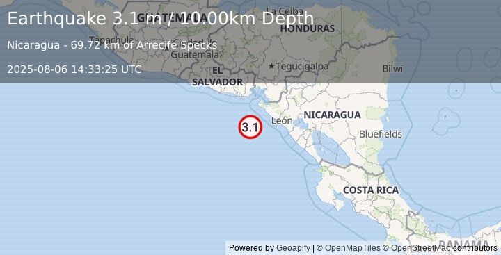 Earthquake NEAR COAST OF NICARAGUA (3.1 m) (2025-08-06 14:33:25 UTC)