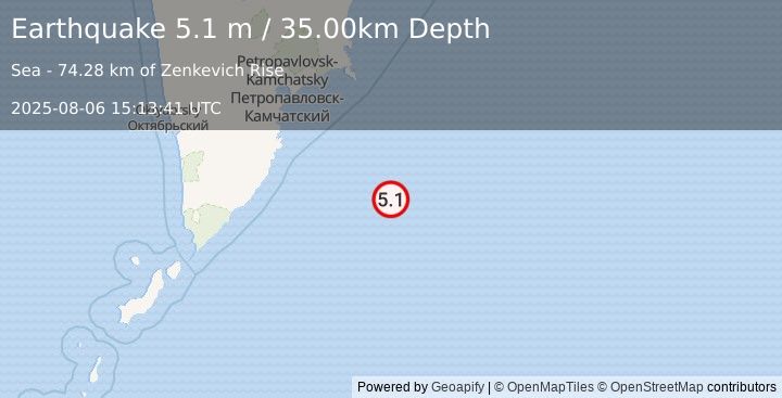 Earthquake OFF EAST COAST OF KAMCHATKA (5.1 mb) (2025-08-06 15:13:36 UTC)