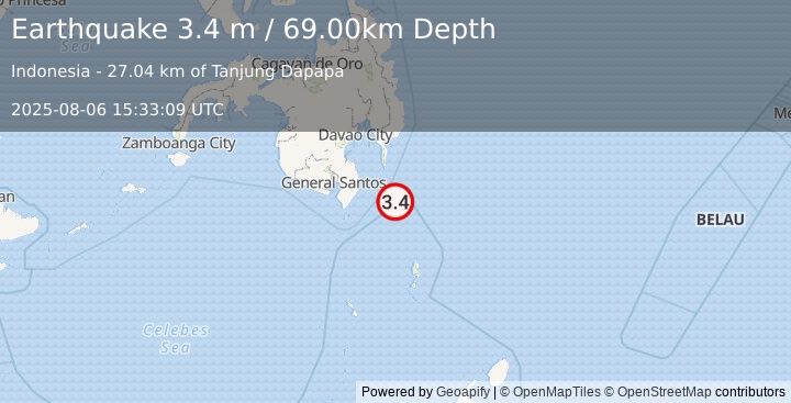 Earthquake MINDANAO, PHILIPPINES (3.4 m) (2025-08-06 15:33:09 UTC)