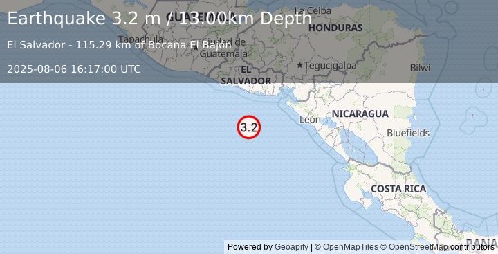 Earthquake OFF THE COAST OF EL SALVADOR (3.2 m) (2025-08-06 16:17:00 UTC)