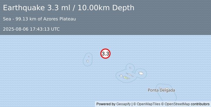 Earthquake AZORES ISLANDS, PORTUGAL (3.3 ml) (2025-08-06 17:43:13 UTC)