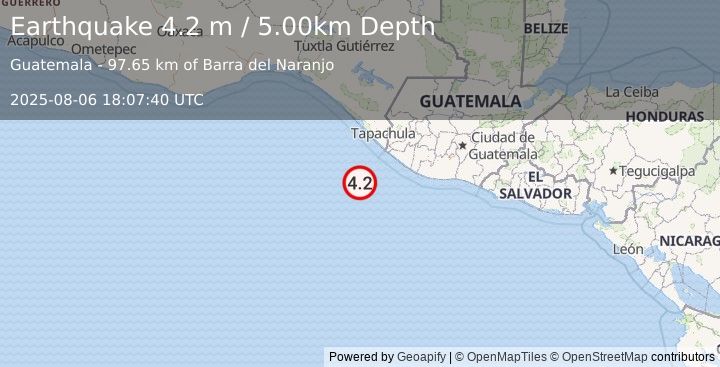 Earthquake OFFSHORE CHIAPAS, MEXICO (4.2 m) (2025-08-06 18:07:40 UTC)