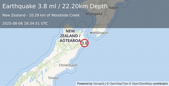 Earthquake OFF E. COAST OF S. ISLAND, N.Z. (3.8 ml) (2025-08-06 18:34:51 UTC)