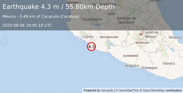 Earthquake MICHOACAN, MEXICO (4.3 m) (2025-08-06 18:45:18 UTC)