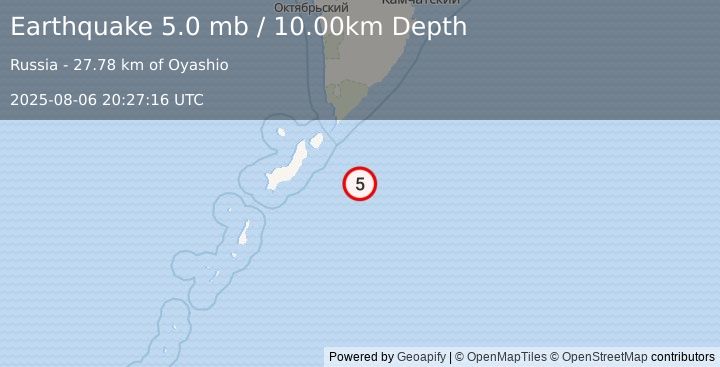 Earthquake KURIL ISLANDS (5.3 mb) (2025-08-06 20:27:18 UTC)