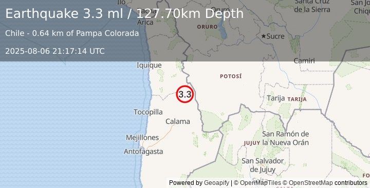 Earthquake ANTOFAGASTA, CHILE (3.3 ml) (2025-08-06 21:17:14 UTC)