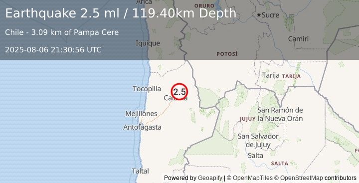 Earthquake ANTOFAGASTA, CHILE (2.5 ml) (2025-08-06 21:30:56 UTC)