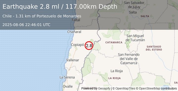 Earthquake ATACAMA, CHILE (2.8 ml) (2025-08-06 22:46:01 UTC)