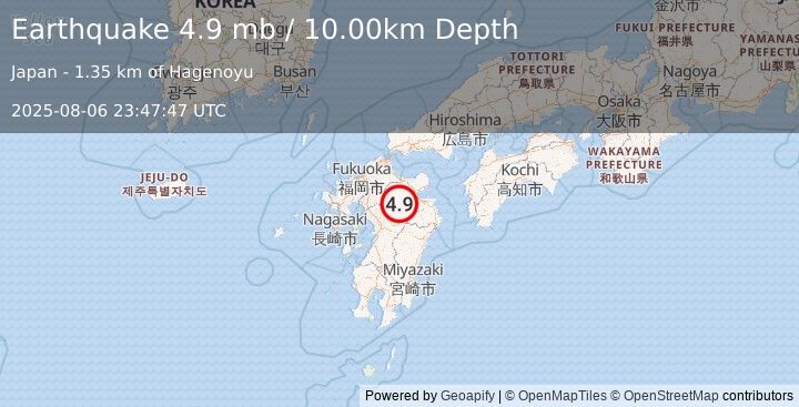 Earthquake KYUSHU, JAPAN (4.9 mb) (2025-08-06 23:47:47 UTC)