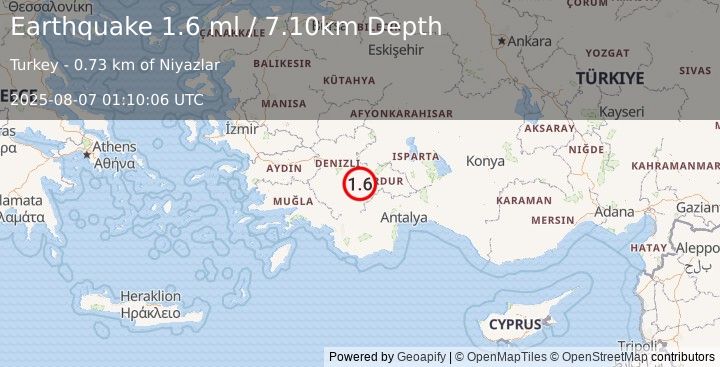 Earthquake WESTERN TURKEY (1.6 ml) (2025-08-07 01:10:06 UTC)
