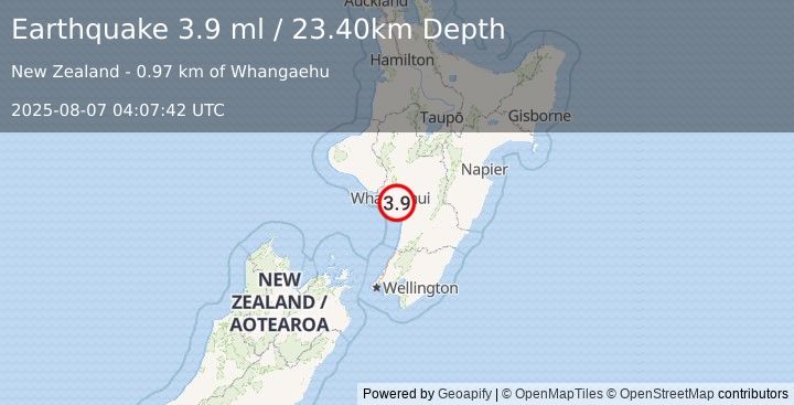Earthquake NORTH ISLAND OF NEW ZEALAND (3.9 ml) (2025-08-07 04:07:42 UTC)