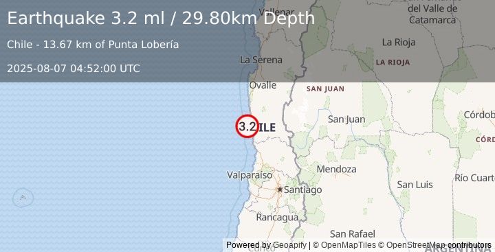 Earthquake OFFSHORE COQUIMBO, CHILE (3.2 ml) (2025-08-07 04:52:00 UTC)