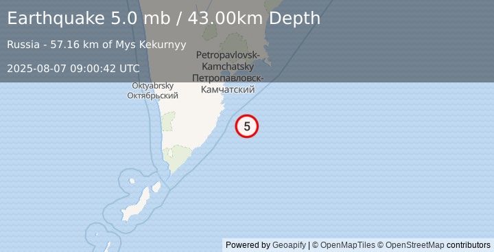Earthquake OFF EAST COAST OF KAMCHATKA (5.2 mb) (2025-08-07 09:00:36 UTC)