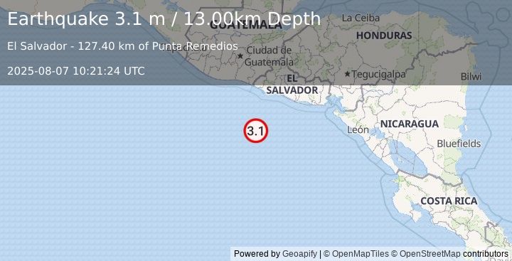 Earthquake OFF THE COAST OF EL SALVADOR (3.1 m) (2025-08-07 10:21:24 UTC)