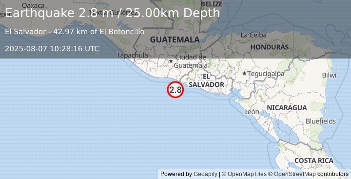 Earthquake OFFSHORE EL SALVADOR (2.8 m) (2025-08-07 10:28:16 UTC)