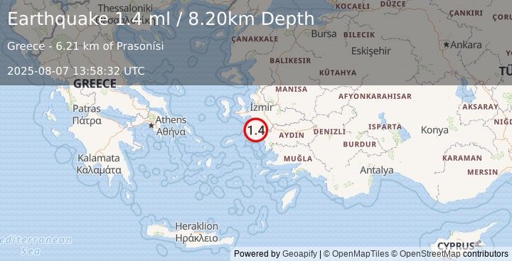 Earthquake DODECANESE ISLANDS, GREECE (1.4 ml) (2025-08-07 13:58:32 UTC)