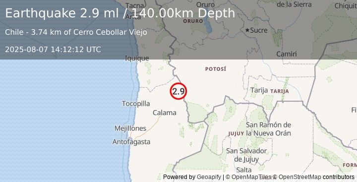 Earthquake ANTOFAGASTA, CHILE (2.9 ml) (2025-08-07 14:12:12 UTC)